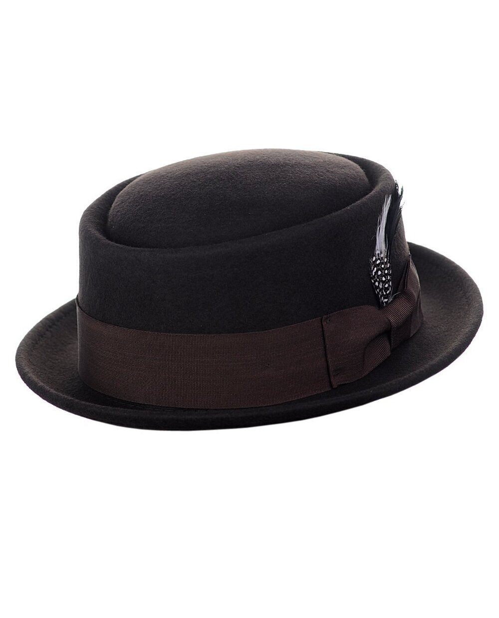 8182 Crushable Wool Felt Porkpie Hat w/Feather HE09 Br-S/M Brown